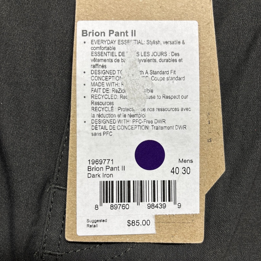 NWT Prana Stretch Brion II Pants Mens 40(42)x32 Gray Lightweight MSRP $85 - Picture 4 of 8